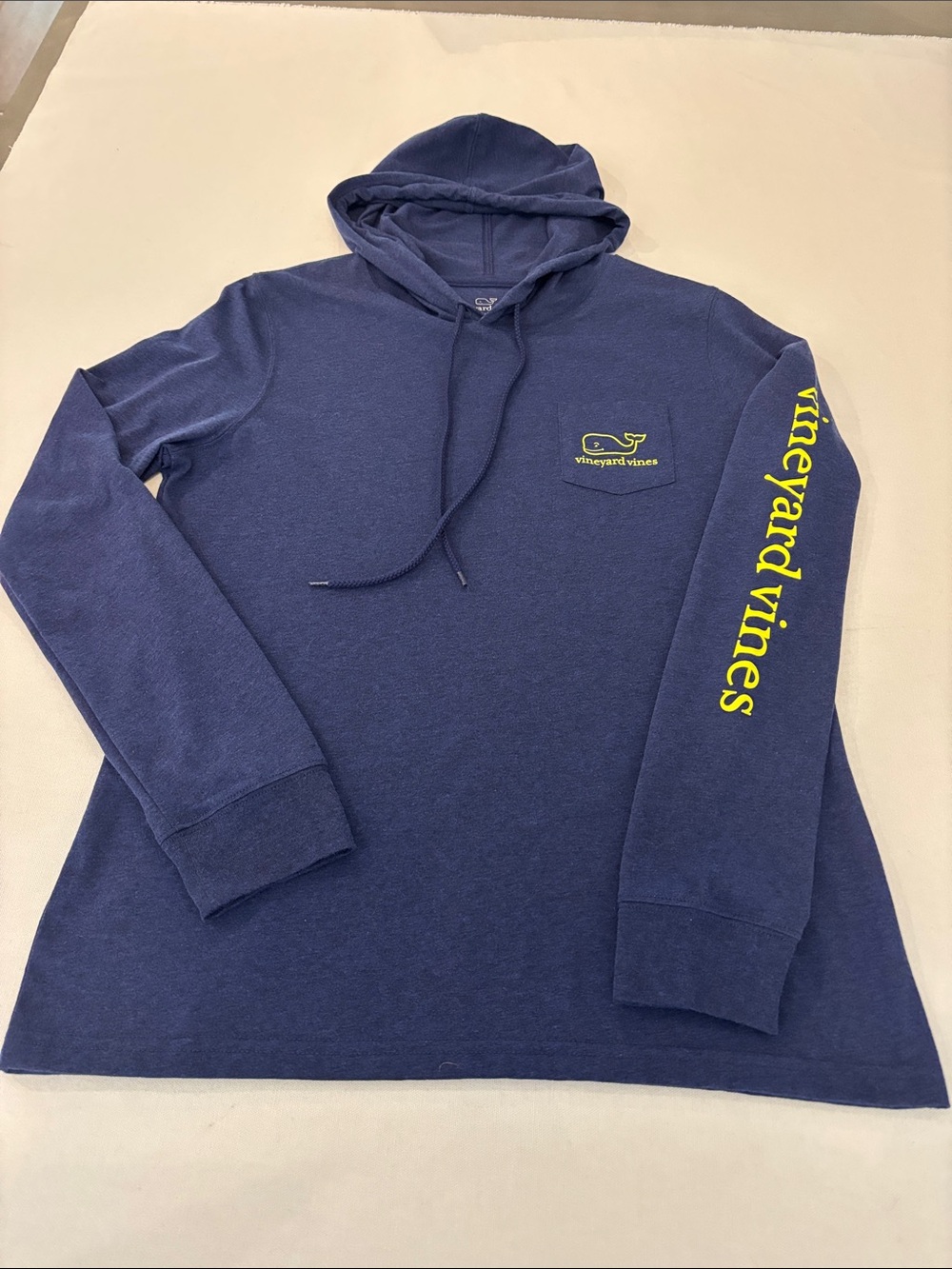 Vineyard Vines Women’s Navy Crewneck Lightweight Hoodie with Yellow Logo. Small